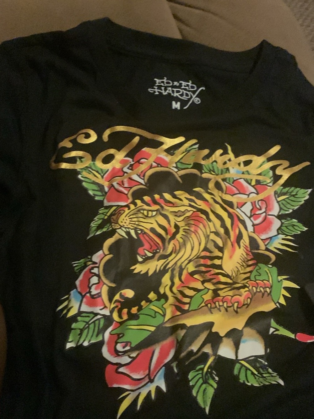 Ed Hardy Black Crop Top with Gold Logo and Multicolor Tiger Graphic